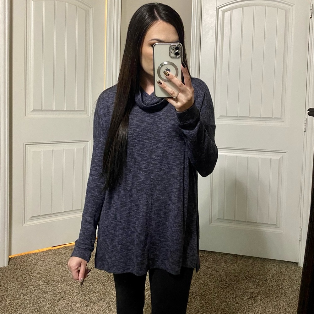 Lush navy lightweight knit cowl neck tunic sweater S
